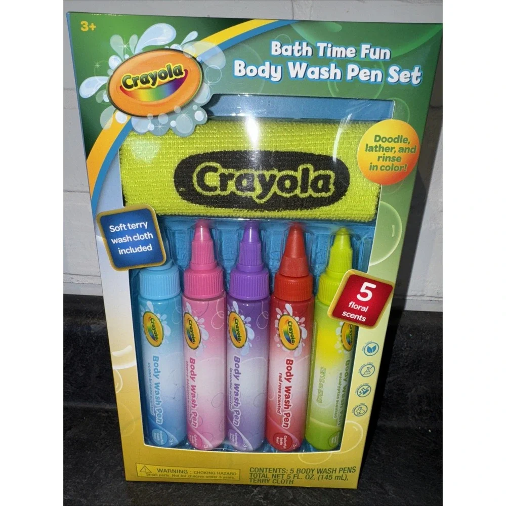 Crayola Bathtub Body Wash Pen Set 5 Pens 5 Floral Scents + Terry Washcloth NEW